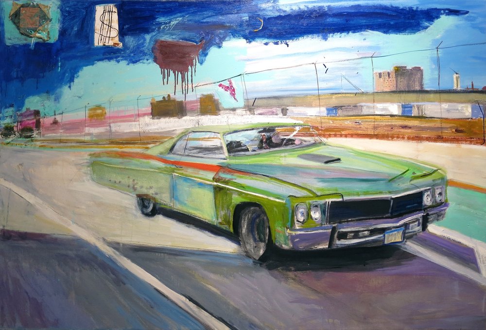  Matt Blackwell,&nbsp; Going Out West,&nbsp; 2015, oil on canvas with collage, 44h x 64.75w in. 